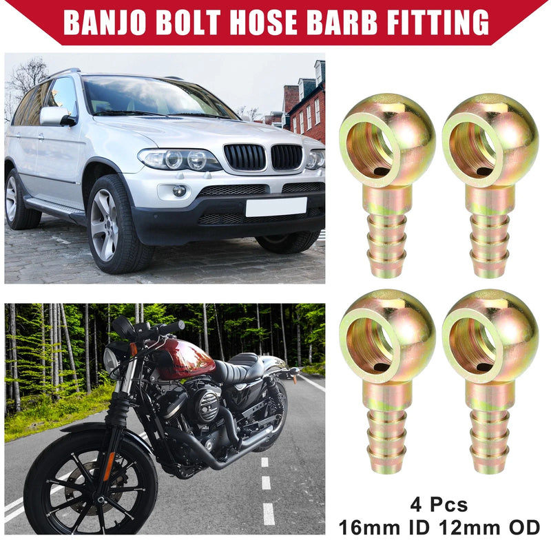 Car Motorcycle Metal 4 x Banjo Bolt Hose Barb Fitting 16mm ID 12mm OD
