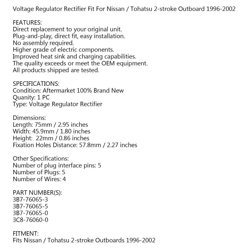 Tohatsu 2-Stroke Outboard 40-90Hp Regulator Rectifier (1990-2023)