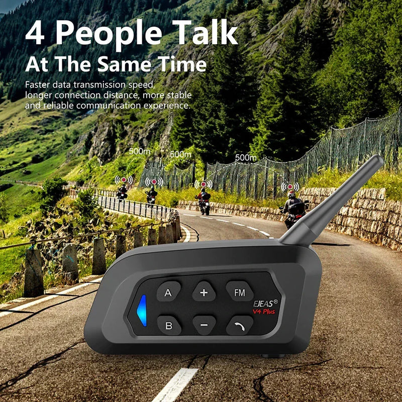 Motorcycle - 1500M, 4 Riders EJEAS V4 Plus Bluetooth Intercom Headset
