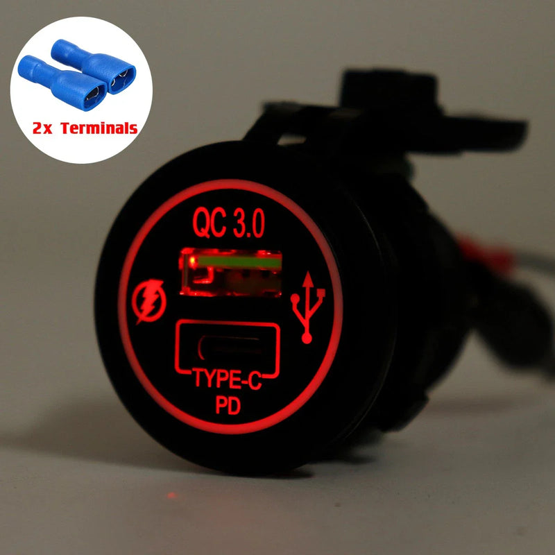 Car ATV RV Charger Outlet / 12V 24V / Dual Port LED Type C USB QC3.0 PD