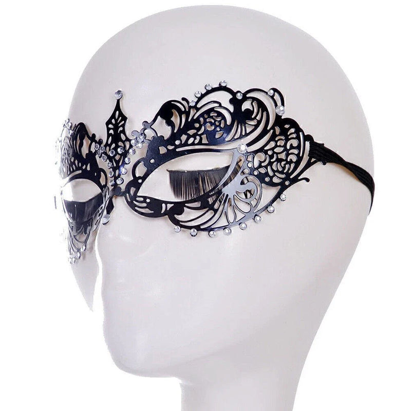 Venetian Metal Filigree Laser Cut Masquerade Black Mask with Rhinestones