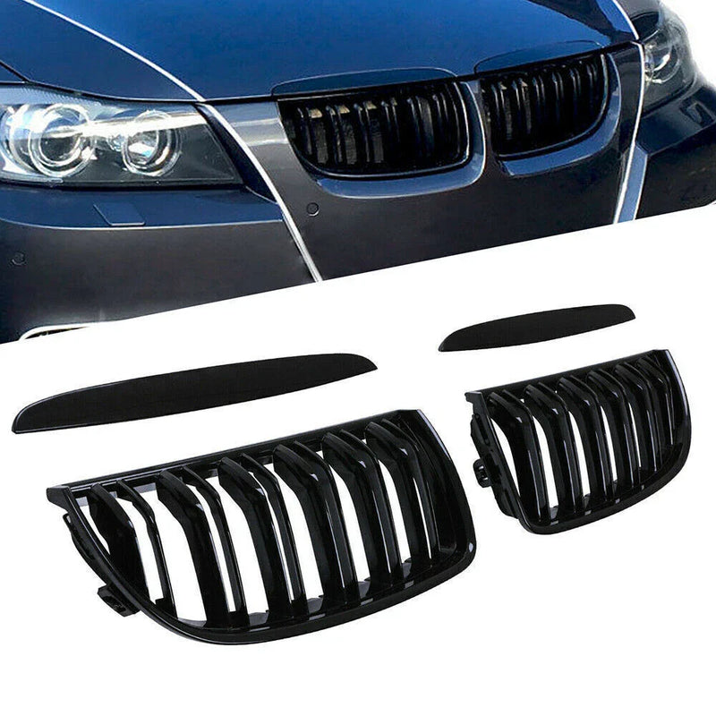 BMW E90 E91 325i 328i 330i 335i Gloss Black Front Bumper Grilles (2005-2008)