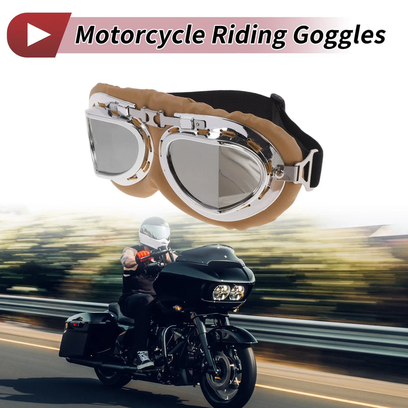 1 Pc Motorcycle Riding Goggles Silver Tone Lens Brown Frame PC PU Sponge