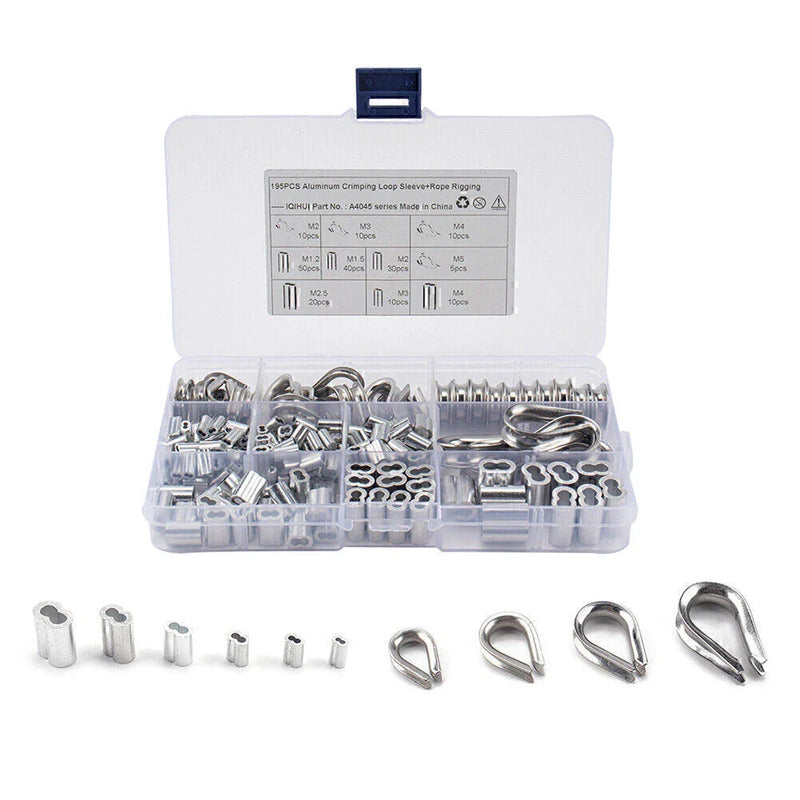 195Pcs M2/3/4/5 Thimble & 6-Size Aluminum Crimping Loop Sleeves