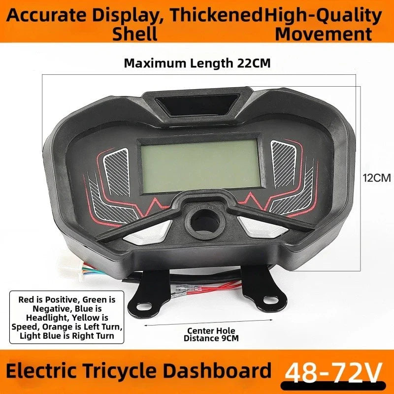 Electric Tricycle Front Mount LCD Voltage Meter and Speedometer 48V 60V 72V