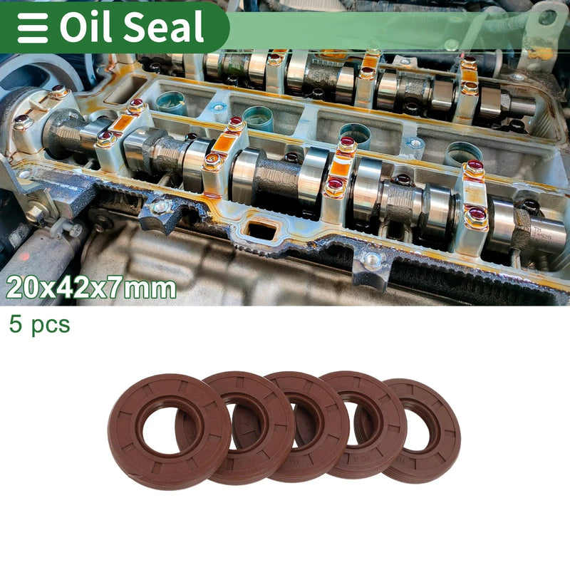 Oil Seal 20x42x7mm FKM Rubber High-Pressure Brown 5 Pcs