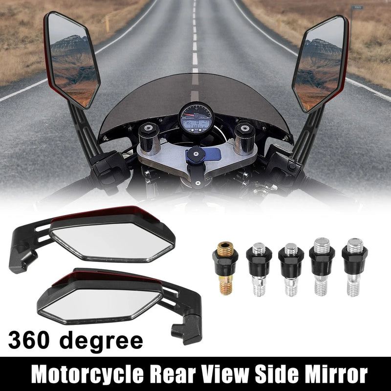 Universal Red Motorcycle 2 x 360 Degree Rotary Rearview Mirror Set