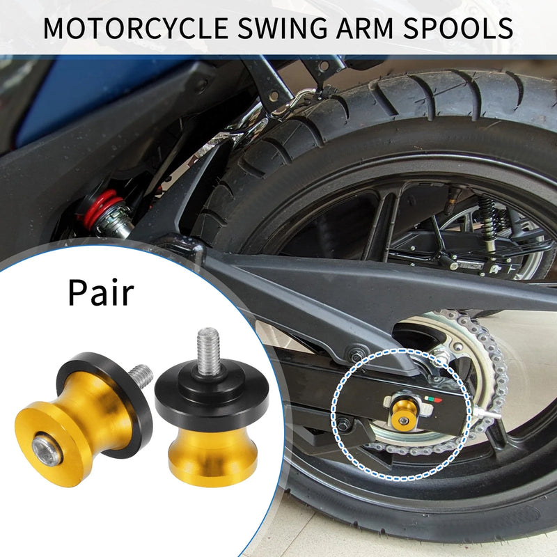 Pair Motorbike Swingarm Spools 6mm CNC Swing Arm Spools Slider Stand Gold Tone