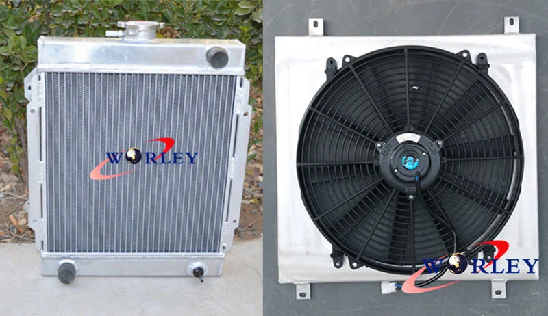 Datsun 1200 B110 3 Row Aluminum Radiator & Fan & Red Hose (1970-1976)