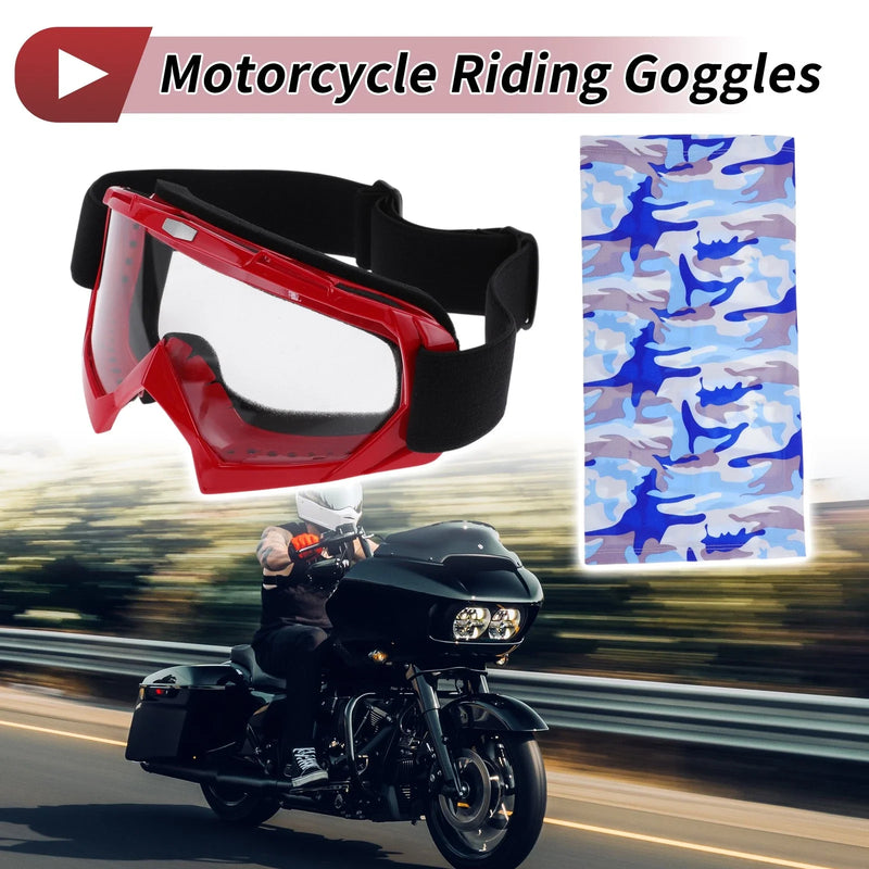 Set Motorcycle Riding Goggles Transparent Lens Red Frame PC Cycling Sunglasses