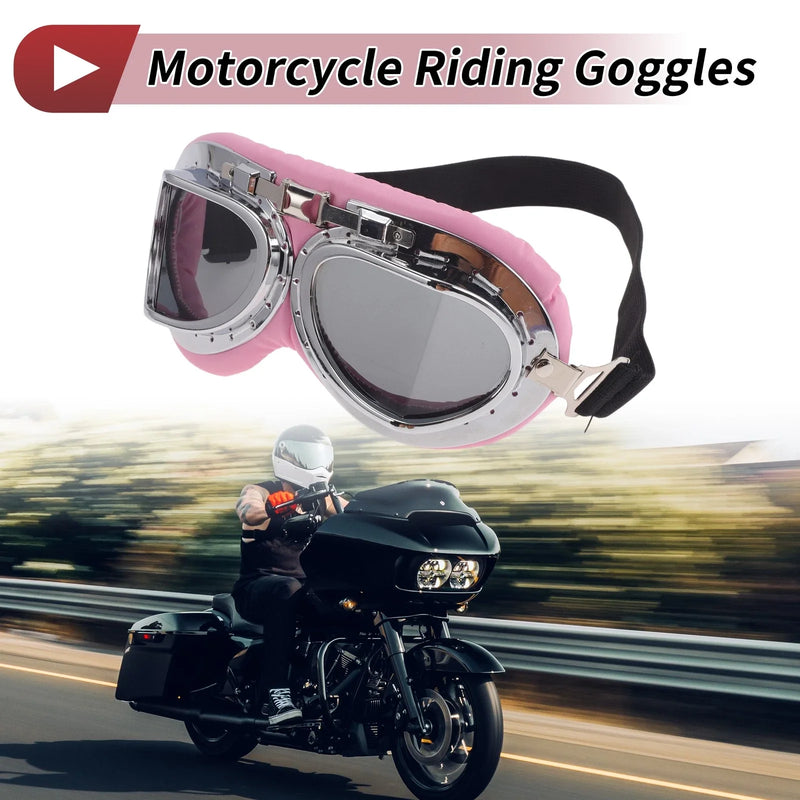 Motorcycle Riding Goggles Deep Gray Lens Pink Silver Frame PC PU Sponge