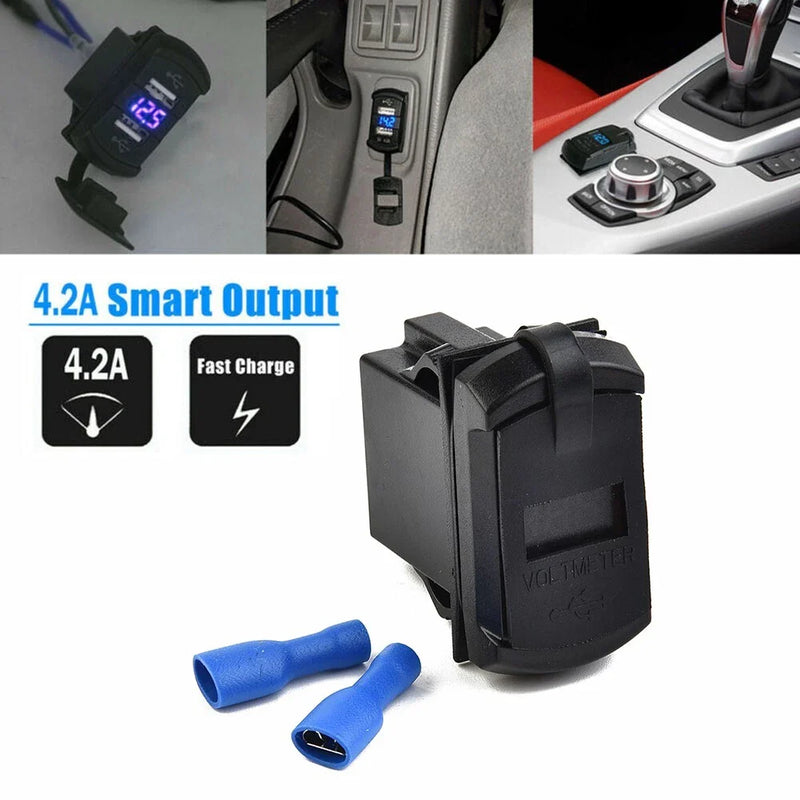 Car Boat 12V/24V 4.2A Dual USB Charger Socket LED Voltmeter Rocker Panel