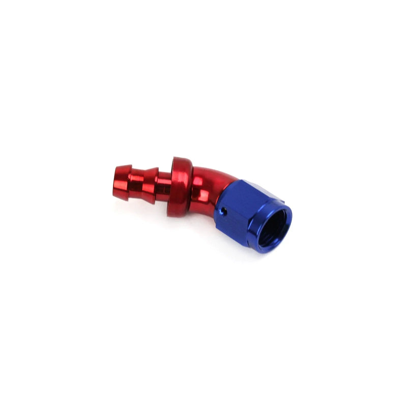 45 Degree Push Lock Hose End Fitting -6 AN Red/Blue Anodized Aluminum