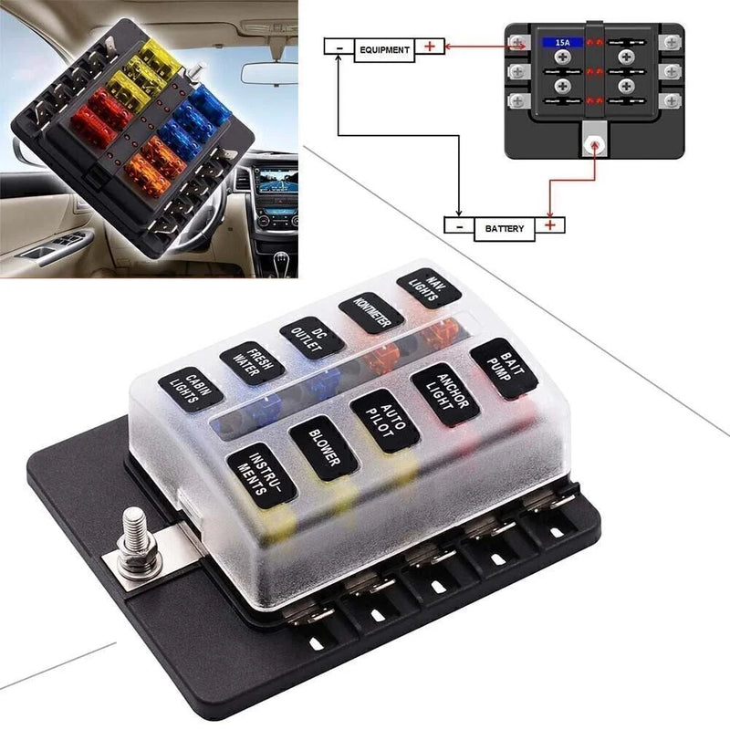 Car 10 Way Circuit ATO ATC Blade LED Fuse Box Block Holder