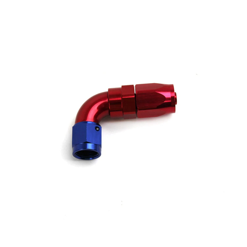 90 Degree -6 AN Swivel Hose End Fitting Red/Blue Anodized Aluminum