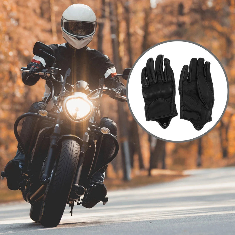 L Motorcycle Gloves Breathable Full Finger Leather Without Hole Black 1 Pair