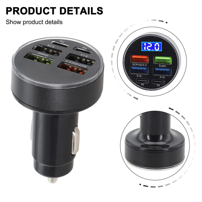 Vehicles 6-Port Car Charger with LED Display and USB Outputs