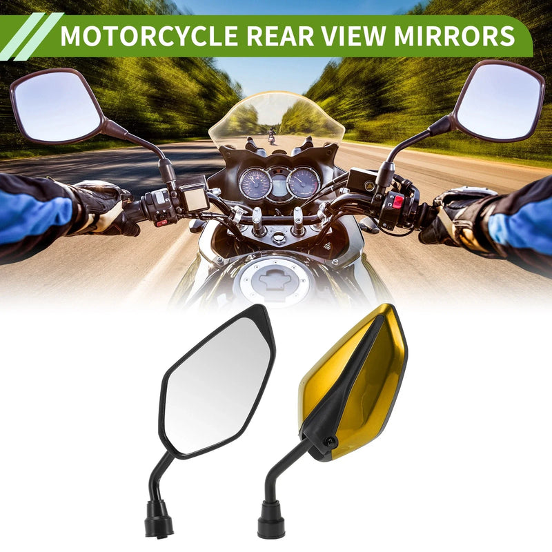 M10 Motorcycle Rear View Mirrors Leaf Shape Gold Tone Iron Plastic 1 Set