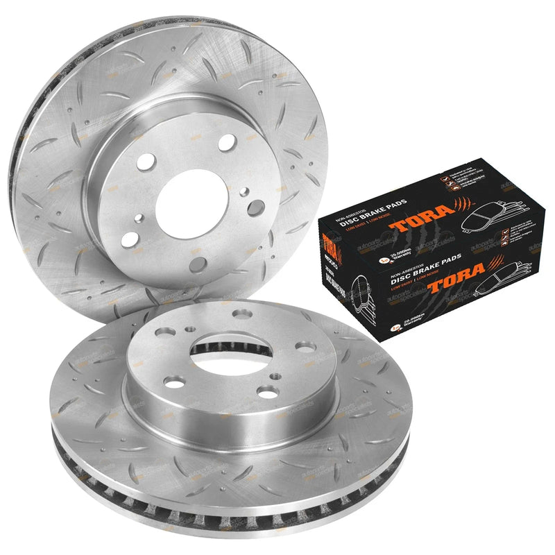 Hilux Front Slotted Dimpled Disc Brake Rotors + Pads (2008–2016)