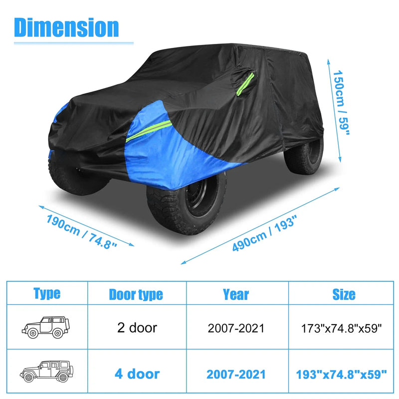 Jeep Wrangler JK JL 4 Door 2007-2021 Waterproof Black Blue SUV Car Cover
