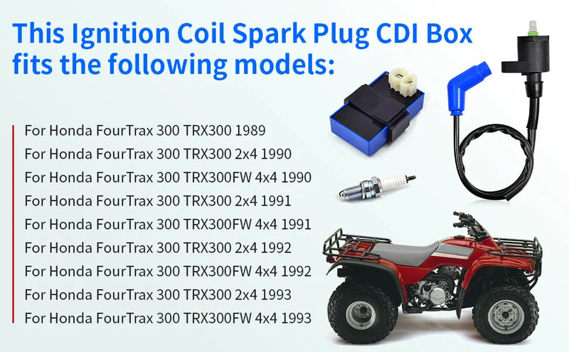 Honda TRX300 TRX300FW 2WD 4WD Ignition Coil Spark Plug CDI (1990–1993)