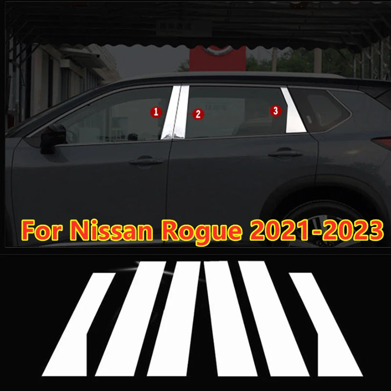 Nissan Rogue Chrome Steel Pillar Posts Door Trim Covers 6Pcs (2021–2025)
