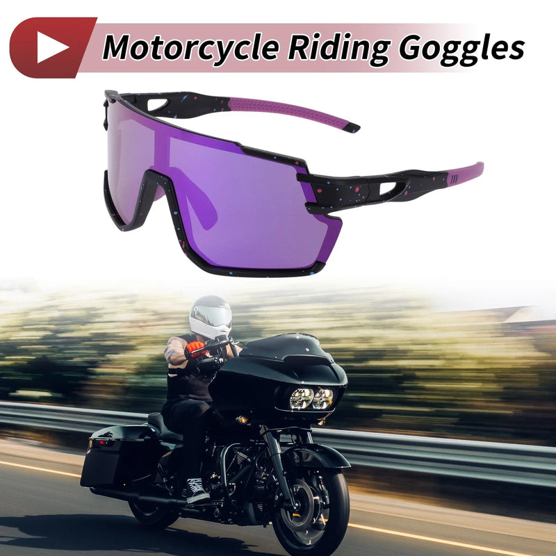 Motorcycle Riding Goggles Purple Black with Blue and Red Dots UV400