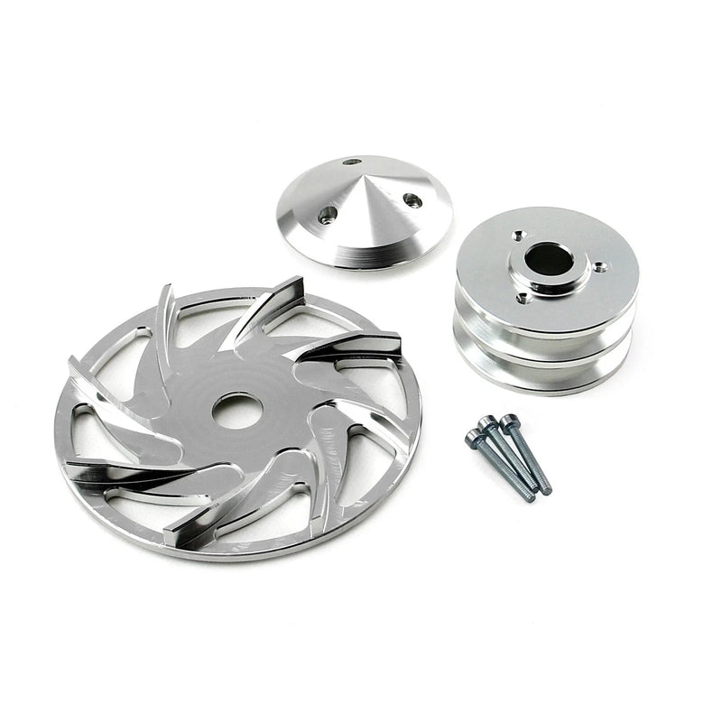 Chevy Ford Dual V Groove Silver Billet Alternator Pulley & Fan Kit