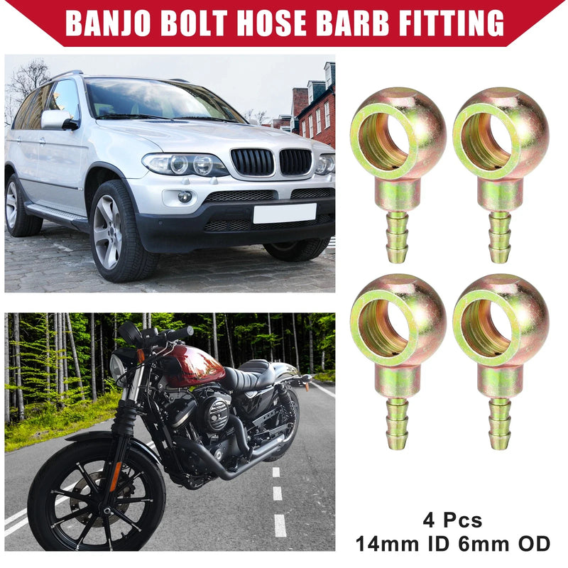 Auto Motorcycle 4 x Banjo Bolt Hose Barb Fitting Metal 14mm ID 6mm OD