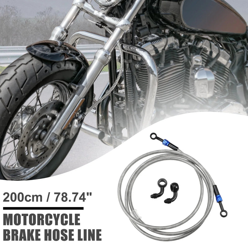 AN3 90 Degree Brake Hose 200cm Motorcycle Braided Line Tube Silver Tone