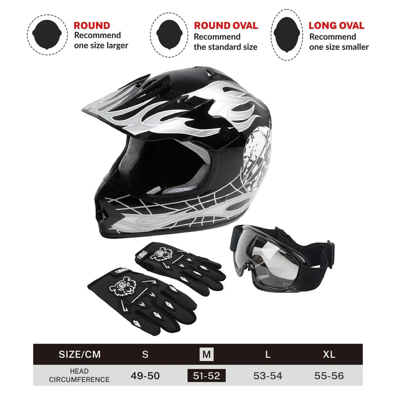 Youth ATV Motocross Dirt Bike Skull Helmet & Goggles Gloves S M L XL
