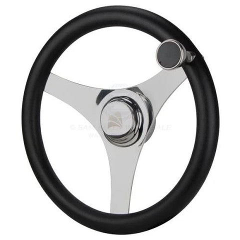 Boat Steering Wheel 340mm Diameter, Stainless Spokes, Poly Grip & Knob