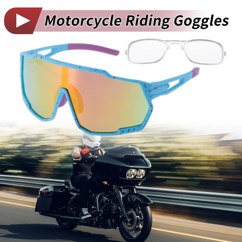 Motorcycle Goggles / Multicolor Lens Blue with Red Spots / Frame
