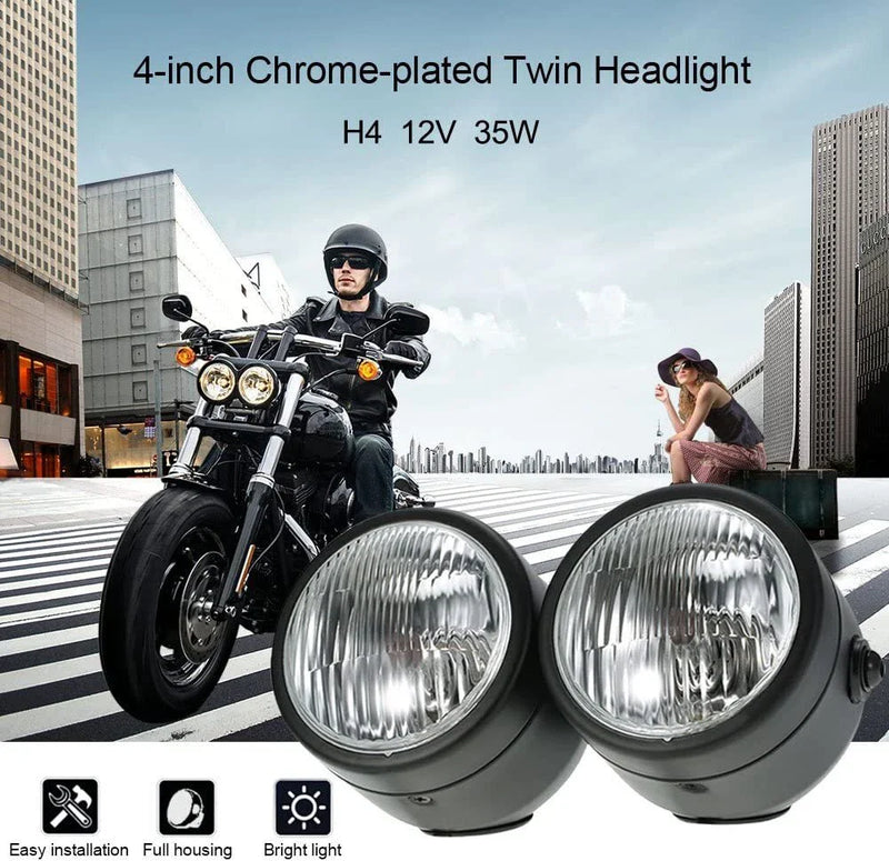 Motorcycle Street Fighter Universal Black Twin Headlight Dual Lamp