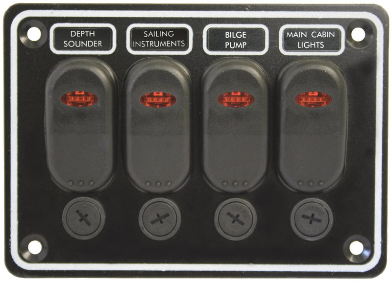 12V 4 Switch Panel Weatherproof Horizontal Black Textured Alloy Pre-Wired
