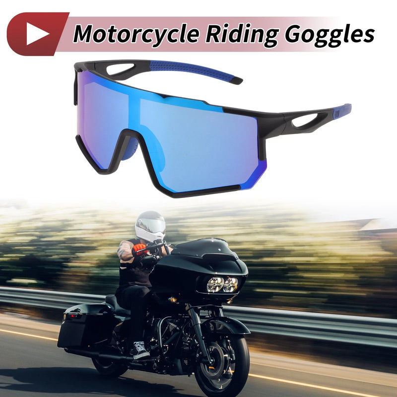 Motorcycle Riding Goggles Blue Lens Black Frame Cycling Sunglasses PC UV400