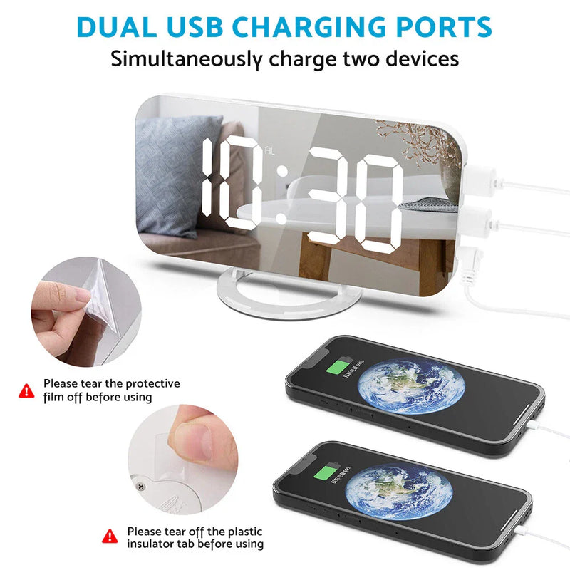 Bedroom Wall LED Digital Alarm Clock Mirror Display with Snooze