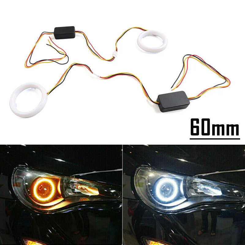 Car Headlight Retrofit 60MM 2 x White Amber Switchback LED Halo Rings