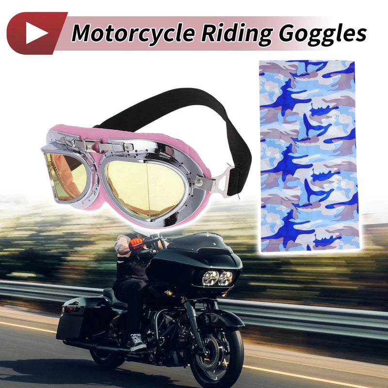 Set Motorcycle Riding Goggles Yellow Lens Pink Frame PC Cycling Sunglasses