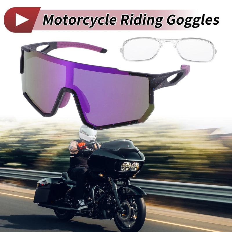 Motorcycle Goggles / Purple Lens Black with Pink Blue Spot Frame Sunglasses