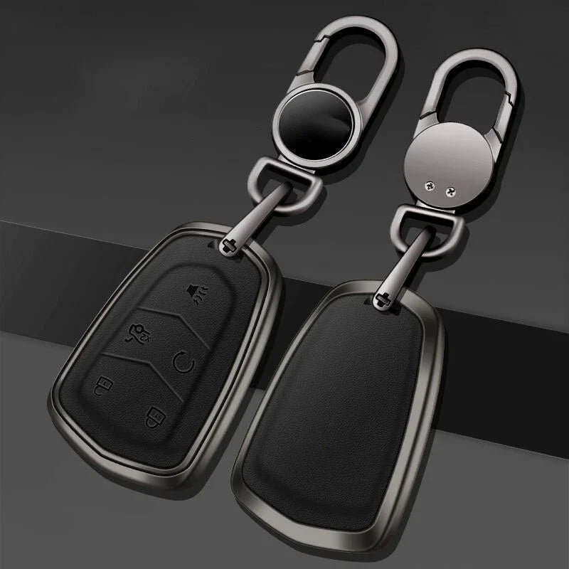 Cadillac XTS ATS CTS Alloy Leather Remote Fob Holder Key Shell Cover Case