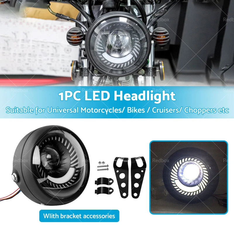 Cafe Racer Motorcycle 6.5" LED Headlight & Spiral Side Mount Bracket