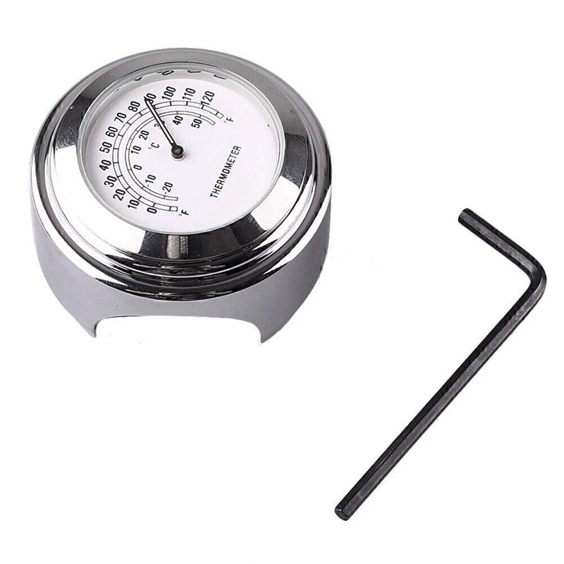 Motorcycle Chrome White 7/8" Handlebar Temp Dial Clock Thermometer