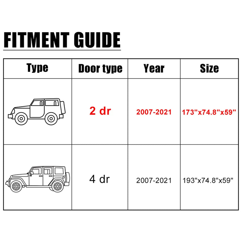 Jeep Wrangler JK JL 2-Door (2007-2021) UV Waterproof Protection SUV Car Cover