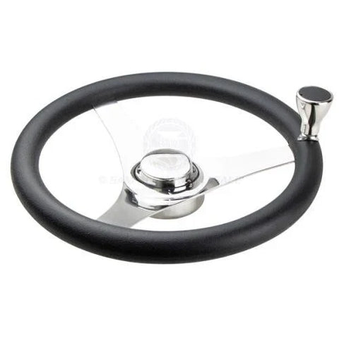 Boat Steering Wheel 340mm Diameter, Stainless Spokes, Poly Grip & Knob