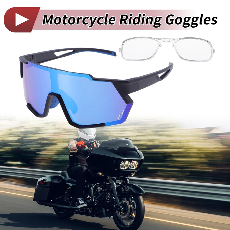 Motorcycle Goggles Blue Lens Black Frame PC Eyeglasses