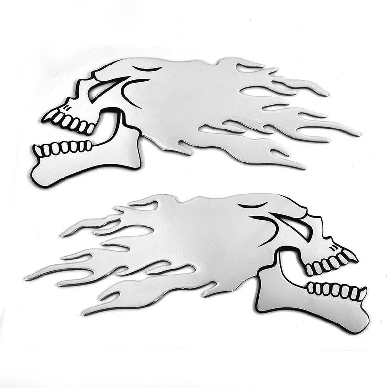 Motorbike Motorcycle Tank Car 1 Pair Sliver Flaming Skull 3D Sticker Decal