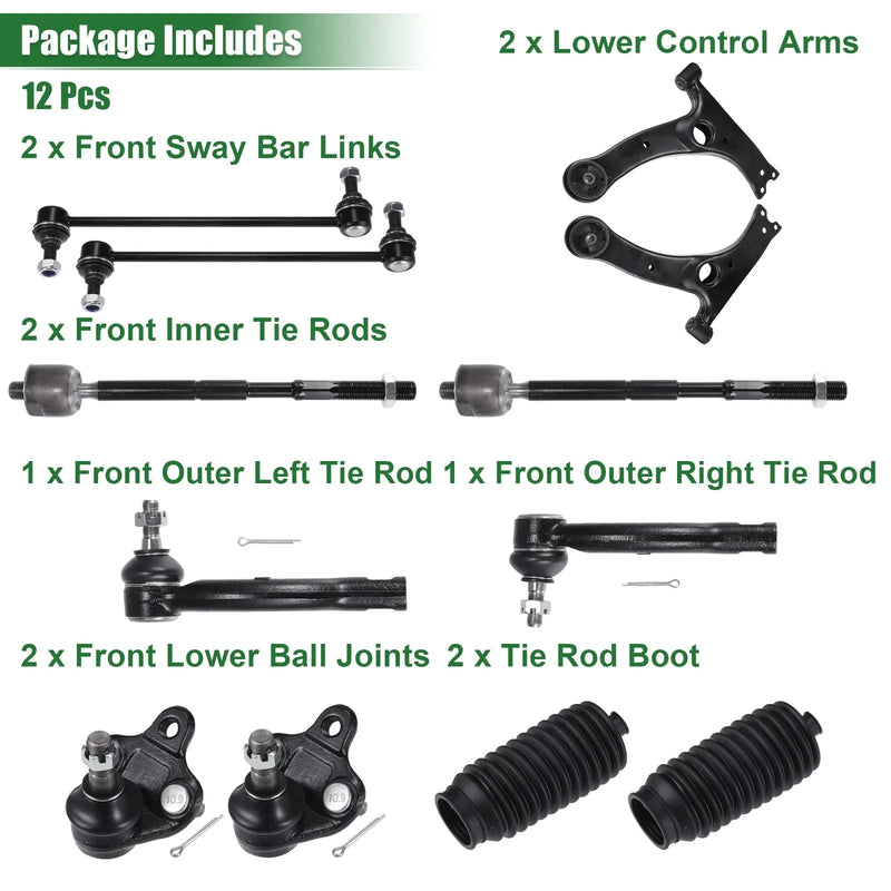 Toyota Corolla 12pcs Front Suspension Control Arm Tie Rod Ends (2003-2008)