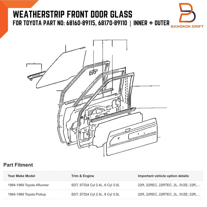 Toyota Hilux 84-89, 4Runner 84-89 Inner Outer Weatherstrip FR Door Glass