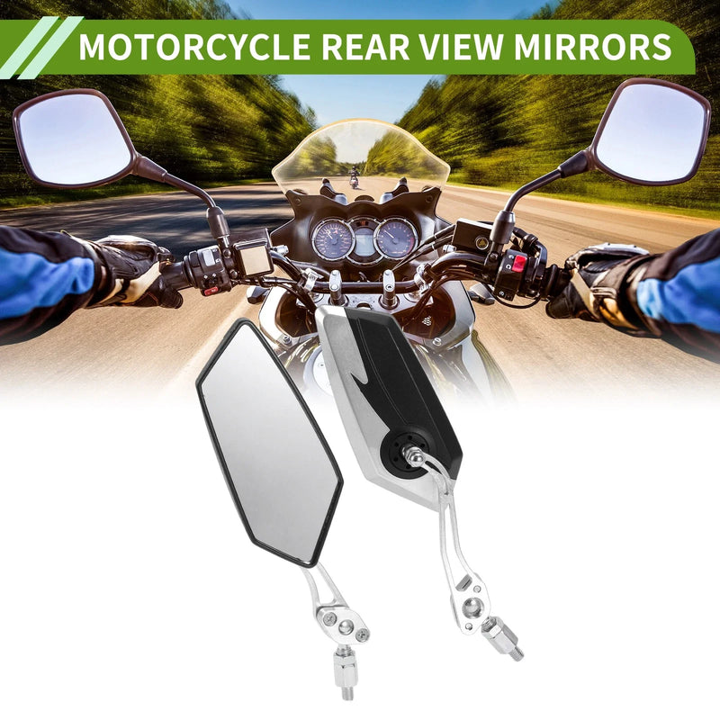 Motorcycle 2 x M8/M10 Rear View Mirror Polygonal Shape Black Silver Tone Plastic